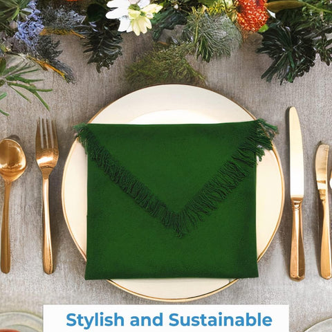 Cotton Table Cloth Fringe Napkins with Rings - Elegant Frayed Edge Napkins for Dinners & Everyday Use - Set of 4, 18x18 Inches