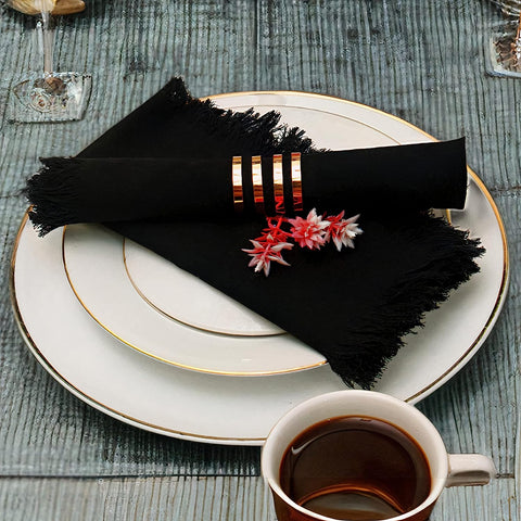 Cotton Table Cloth Fringe Napkins with Rings - Elegant Frayed Edge Napkins for Dinners & Everyday Use - Set of 4, 18x18 Inches
