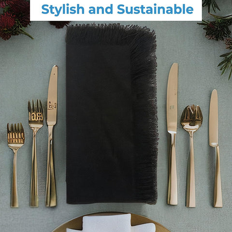 Cotton Table Cloth Fringe Napkins with Rings - Elegant Frayed Edge Napkins for Dinners & Everyday Use - Set of 4, 18x18 Inches
