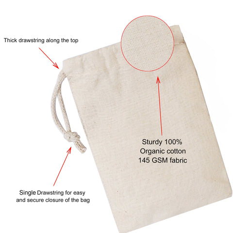 100% Cotton Single Drawstring Premium Quality Muslin Bags. Pack of 100