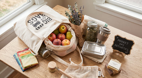 Market Day Style: How to Pack an Aesthetic, Zero-Waste Shopping Tote  create image for blog post my company name: Big Lot Bags