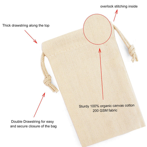 8 x 12 Inches 100% Canvas Cotton Double Drawstrings Premium Quality Muslin Bags